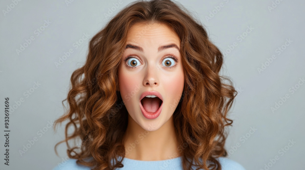 Close-up of a young woman with curly hair, displaying a surprised expression with wide eyes and open mouth. Close-up of a young woman with curly hair, displaying a surprised expression with wide eyes and open mouth.
