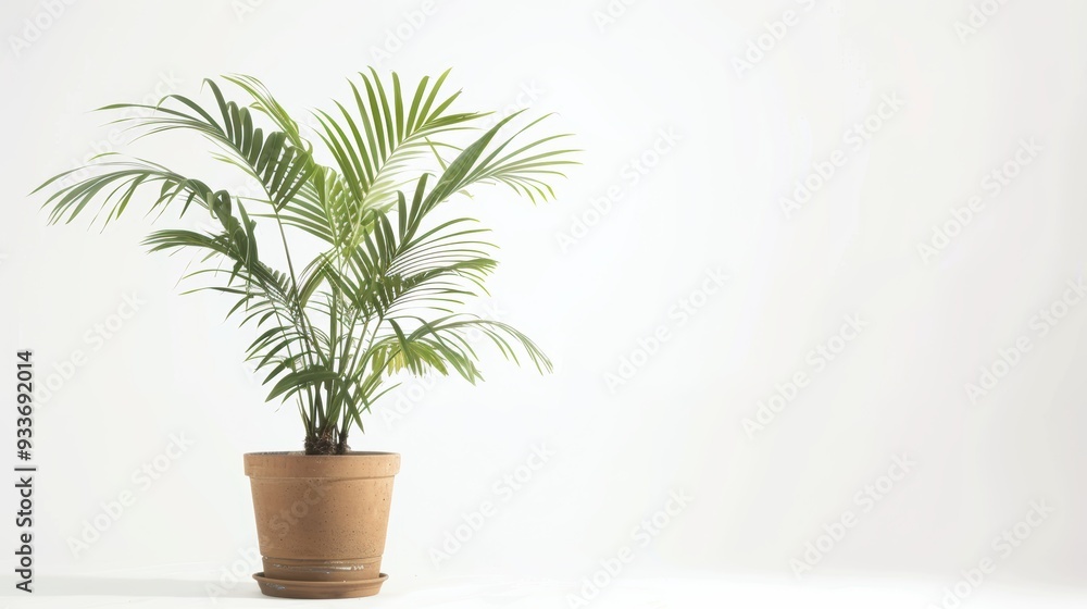 Single green areca palm tree growing in a brown pot on white background Single green areca palm tree growing in a brown pot on white background