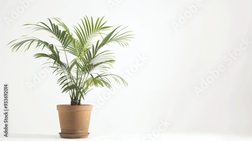 Single green areca palm tree growing in a brown pot on white background