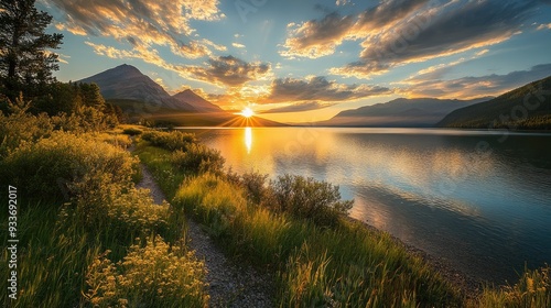 Fototapeta Naklejka Na Ścianę i Meble -  Sunset over Kanas Lake, with the last rays of sunlight casting a warm glow on the water and surrounding landscape.