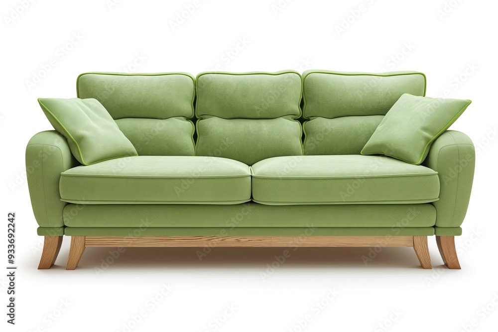 Green sofa with orange pillow isolated on white background Green sofa with orange pillow isolated on white background