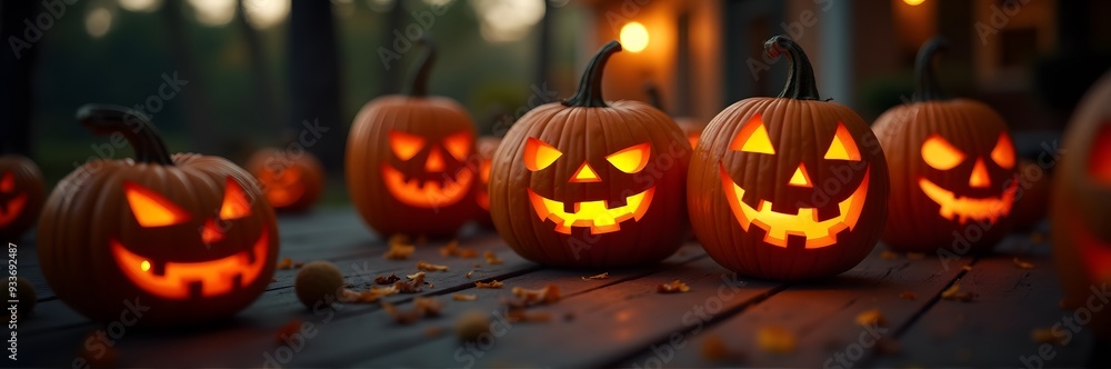 Multiple glowing jack-o'-lanterns on a wooden surface outdoors, exuding a spooky and festive Halloween vibe Multiple glowing jack-o'-lanterns on a wooden surface outdoors, exuding a spooky and festive Halloween vibe