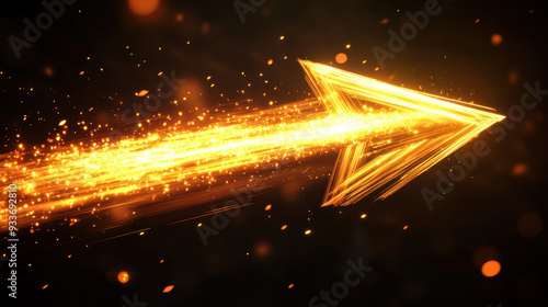 Golden arrow in motion with light trails on dark background