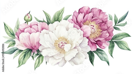 Watercolor bouquet of peonies featuring a blend of pink and white flowers alongside green leaves isolated on a white background Perfect for greeting cards wedding invitations and fabric designs