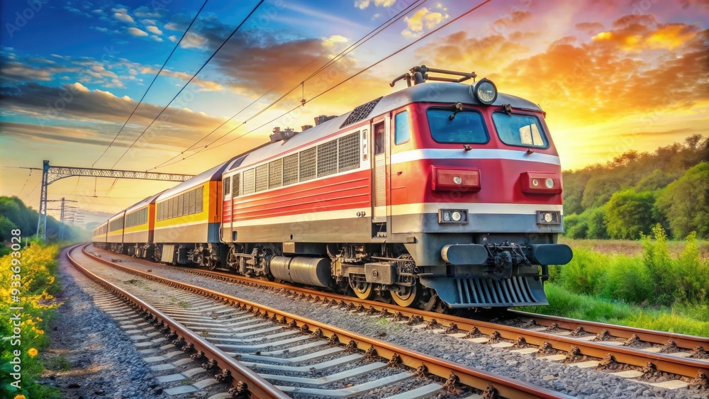 Powerful electric locomotive Class WAG-7 with distinctive boxy shape and bold stripes stands proudly on the railway tracks in a sunny Indian landscape. Powerful electric locomotive Class WAG-7 with distinctive boxy shape and bold stripes stands proudly on the railway tracks in a sunny Indian landscape.