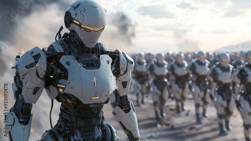 Futuristic Battle Command: Humanoid Robot Leading AI Army in Epic Warfare Scene