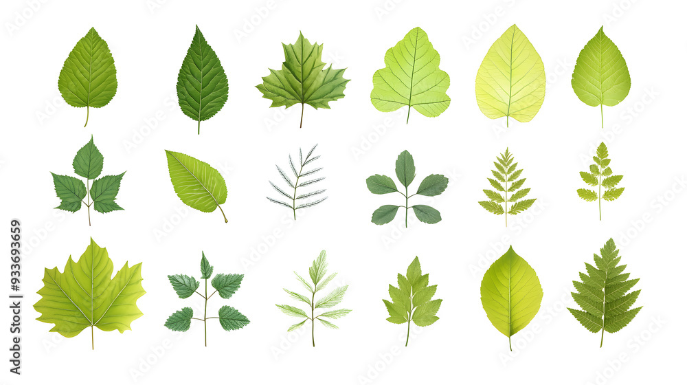 Minimalistic illustration collection of different green leaves and plants isolated on white background Minimalistic illustration collection of different green leaves and plants isolated on white background