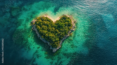 Serene Paradise: Aerial View of Heart-Shaped Tropical Island surrounded by crystal-clear waters and lush greenery.