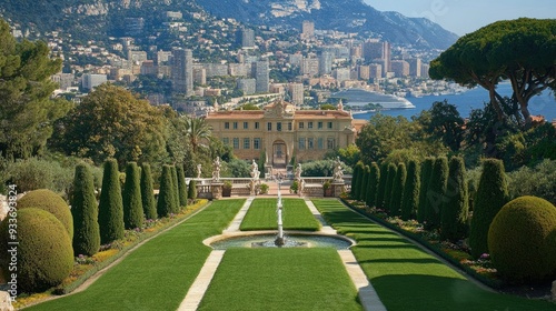 The lavish gardens of the Prince's Palace of Monaco, with manicured lawns, fountains, and views of the city and sea.