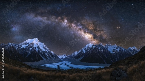 The night sky over Mt. Cook, with the Milky Way stretching across the sky above the snow-covered peaks and glaciers.