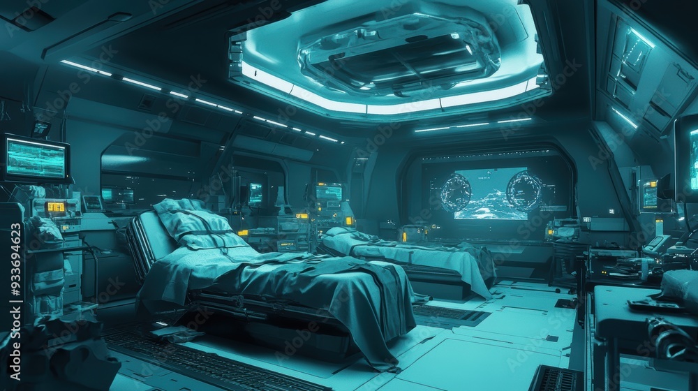 Obraz premium Futuristic Medical Tent: Treating Soldiers Injured by AI Weapons in War Zone