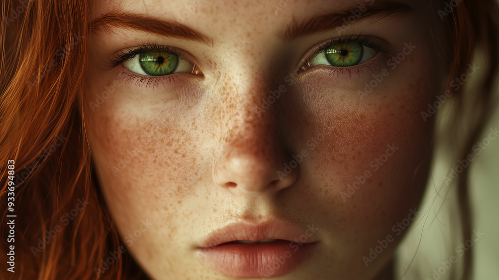Portrait of a young woman with striking green eyes, freckles and red hair, bathed in soft natural light. The background is blurred, focusing all attention on her expression. Portrait of a young woman with striking green eyes, freckles and red hair, bathed in soft natural light. The background is blurred, focusing all attention on her expression.