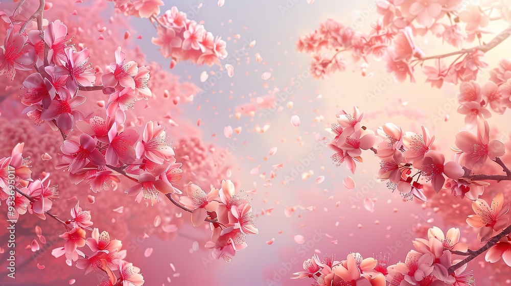 Pink Cherry Blossom Branches with Falling Petals Illustration Pink Cherry Blossom Branches with Falling Petals Illustration