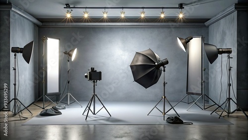 Professional photography studio setup with gray background, spotlights, and camera equipment, ready for product, portrait, or fashion photography shoots.