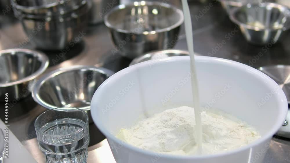 pour the milk into bowl for kneading the dough pour the milk into bowl for kneading the dough