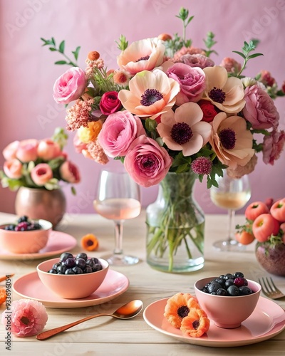 Wallpaper Mural An elegant floral arrangement of roses, anemones and other flowers in soft pink tones, set in a vase on a beautifully decorated table with matching tableware and treats. Perfect for romantic Torontodigital.ca