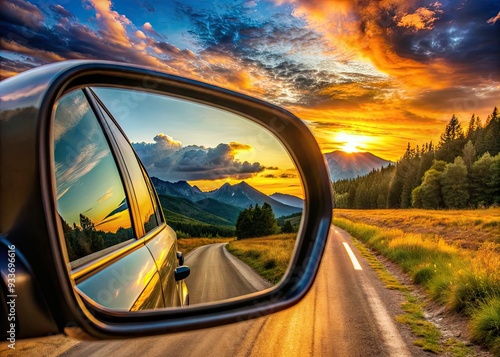 Rearview mirror's reflective glass captures a blurred, dreamy landscape, symbolizing the passage of time, nostalgia, and self-reflection on life's journey and cherished memories. photo