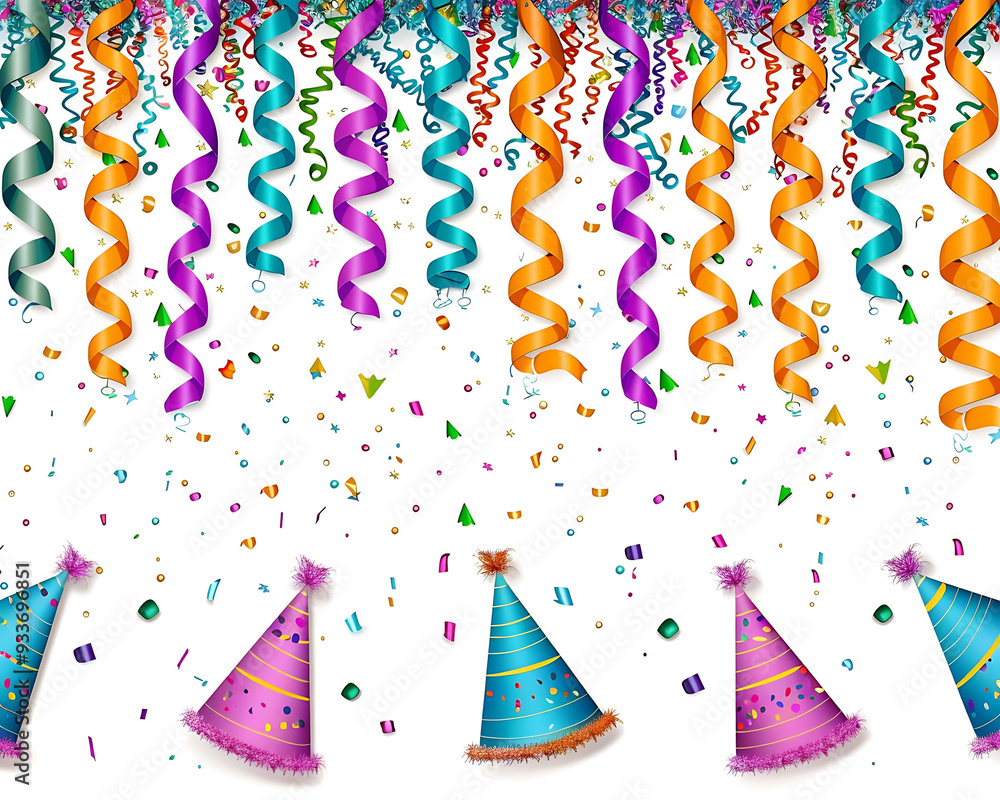 Fun birthday card with colorful streamers and party hats an open area for text at the top Fun birthday card with colorful streamers and party hats an open area for text at the top