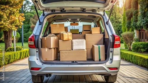 Rear view of a cluttered vehicle's cargo area packed with assorted cardboard boxes, bags, and luggage, with a glimpse of the back seat. photo