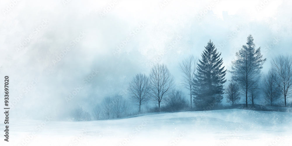 Fototapeta premium Misty winter landscape with bare trees and evergreens against a pale sky, creating a tranquil, atmospheric scene that conveys solitude and cold. The image offers ample copy space.