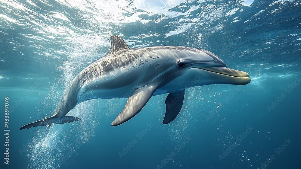 Obraz premium A dolphin swims through the blue water, sunlight shining through the surface.