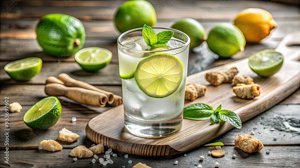Refreshing summer drink featuring a slice of lime and a sprig of fresh ginger, garnishing a chilled glass filled with sparkling water and ice. Refreshing summer drink featuring a slice of lime and a sprig of fresh ginger, garnishing a chilled glass filled with sparkling water and ice.