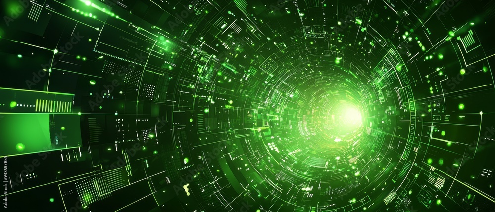 Abstract Green Digital Tunnel with Glowing Lights Abstract Green Digital Tunnel with Glowing Lights