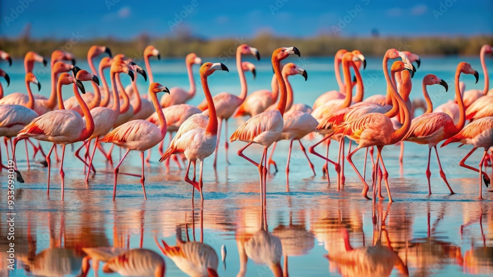 Naklejka premium Flocks of elegant flamingos wading in shallow water, flamingo, flock, elegant, wildlife, nature, pink, feathers