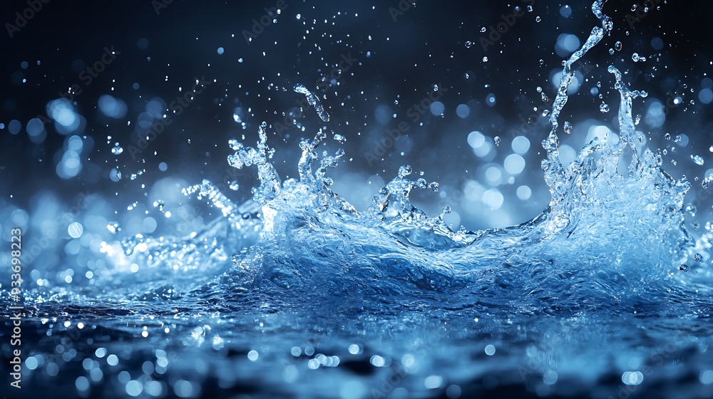 A dramatic splash of water against a dark background with bokeh lights. A dramatic splash of water against a dark background with bokeh lights.