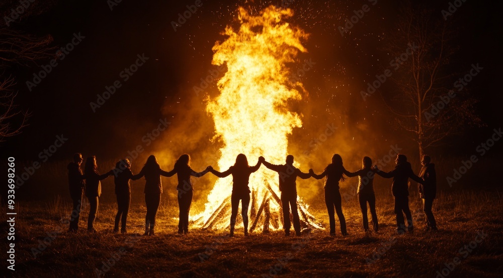 Fototapeta premium A group of people holding hands around a large bonfire at night