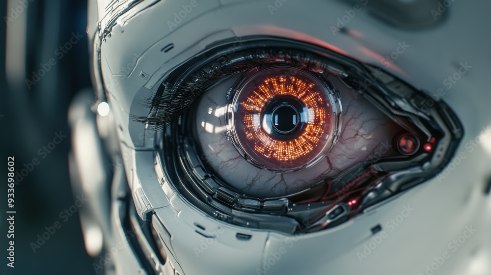 A close-up of an AI robot's eye scanning a battlefield, analyzing the situation and identifying targets A close-up of an AI robot's eye scanning a battlefield, analyzing the situation and identifying targets