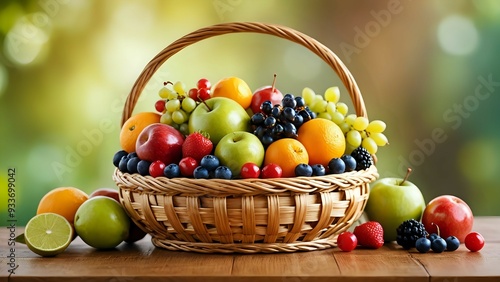A wicker basket overflowing with fresh fruit on a wooden table with a blurred green background.