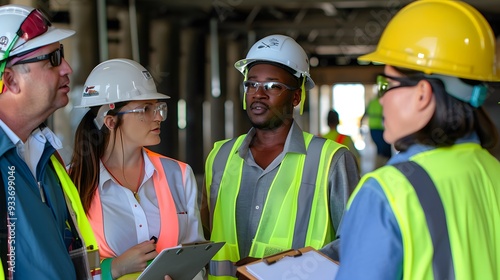 construction workers and engineers engaged in a project discussion or onsite inspection.