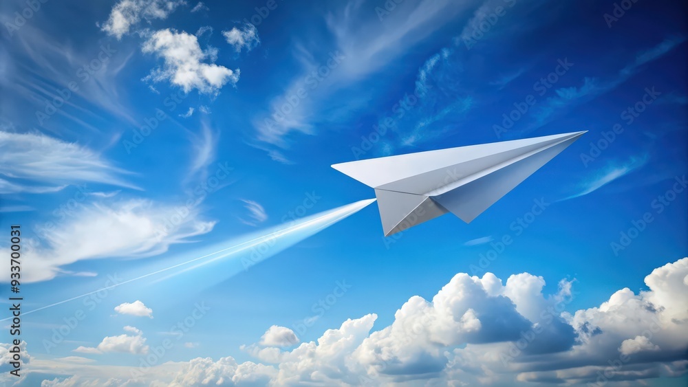 Paper airplane flying in blue sky , origami, toy, childhood, creativity, imagination, handmade, craft, folded, aerodynamics Paper airplane flying in blue sky , origami, toy, childhood, creativity, imagination, handmade, craft, folded, aerodynamics