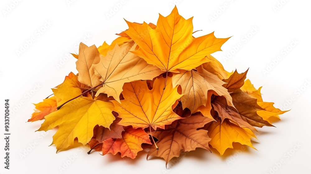 Fototapeta premium Pile of autumn colored leaves isolated on white background. Red and colorful foliage colors in the fall season