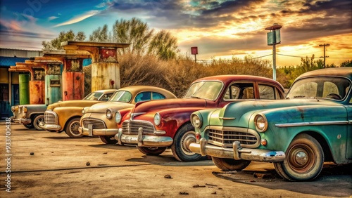 Retro-colored classic automobiles lined up at a rusty gas pump, surrounded by faded signs and worn tires, evoking a nostalgic feel of a bygone era. photo