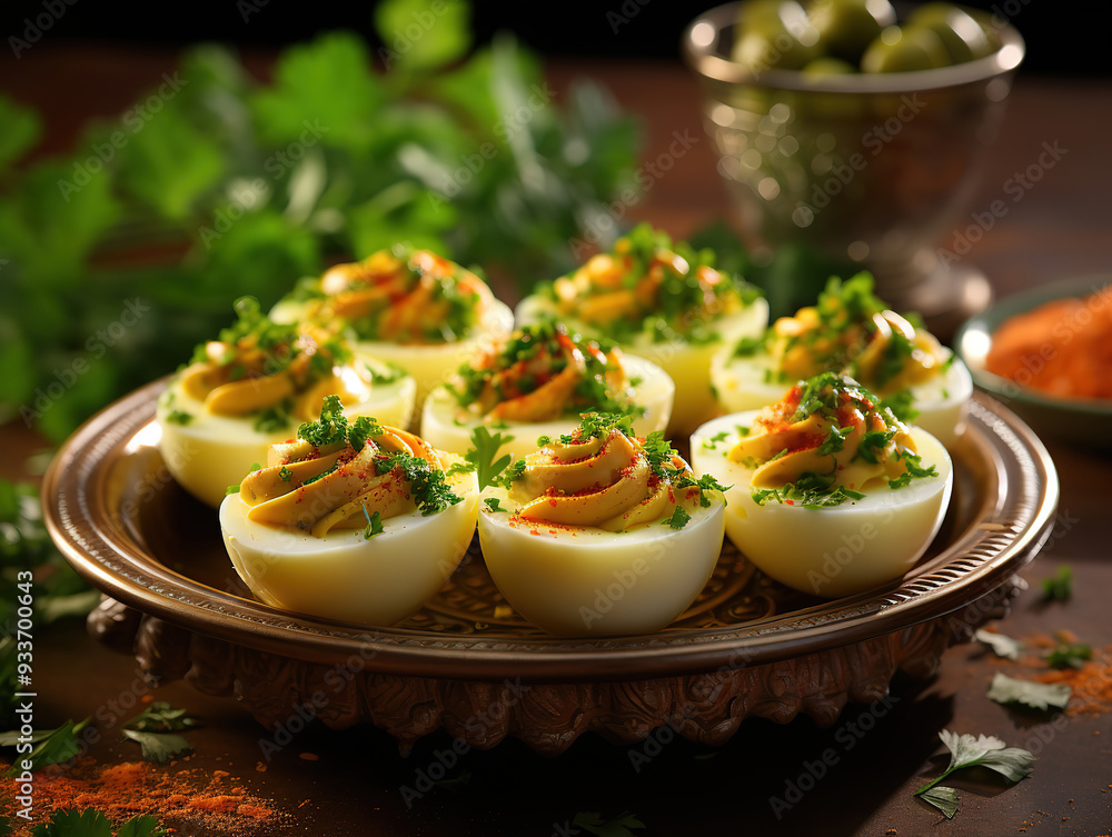 Boiled quail eggs halves on a green plate. Boiled quail eggs halves on a green plate.