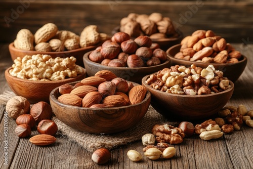 Assortment of nuts in wooden bowls. Perfect for a healthy snack or ingredient in recipes.