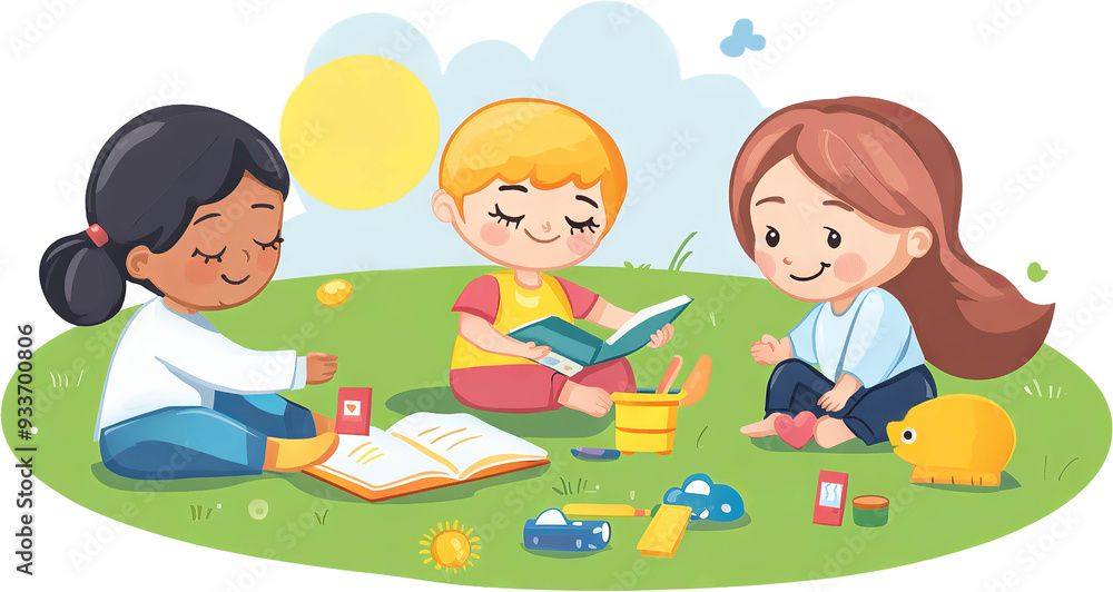 illustration of a group of children playing on the grass illustration of a group of children playing on the grass