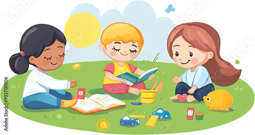 illustration of a group of children playing on the grass