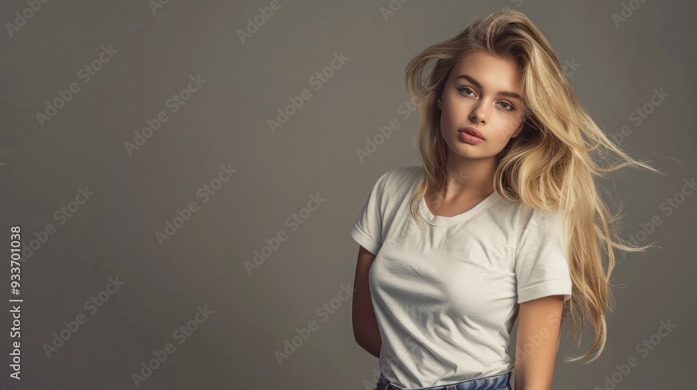 Beautiful blonde girl in a white oversized T-shirt and blue jeans ...