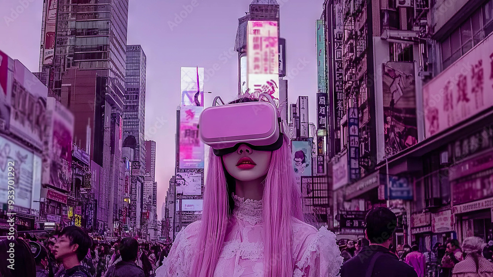 young woman in pink dress and virtual reality glasses walking down crowded street young woman in pink dress and virtual reality glasses walking down crowded street