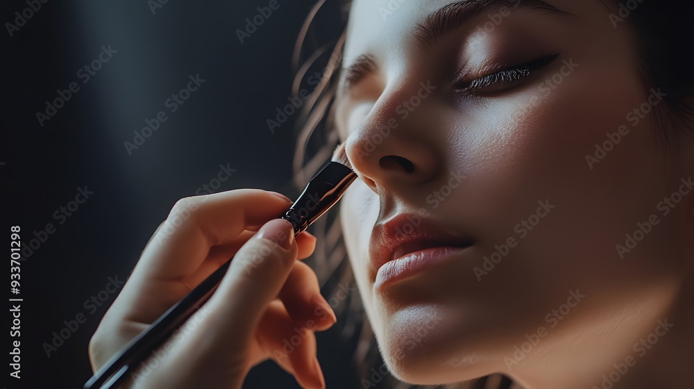 Obraz premium A woman receives a makeup application with a brush on her face.