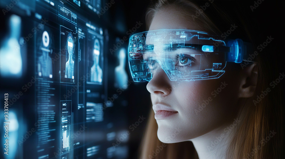 A woman wearing futuristic glasses is looking at holographic screens with AI and virtual reality graphics on them A woman wearing futuristic glasses is looking at holographic screens with AI and virtual reality graphics on them