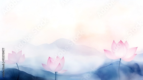 Serene landscape featuring delicate pink lotus flowers emerging from misty mountains, evoking tranquility and natural beauty.