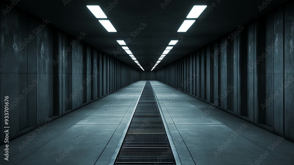 A long, dark tunnel with metal grates on the floor and walls, illuminated by bright white lights along each side A long, dark tunnel with metal grates on the floor and walls, illuminated by bright white lights along each side