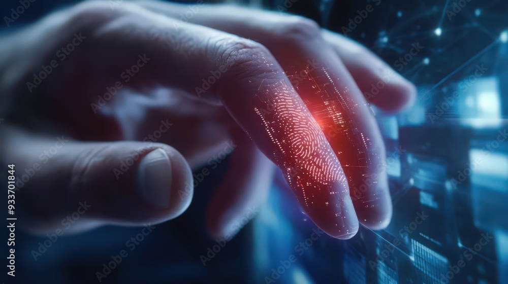 Fingerprint scanning enhances network security as a businessman unlocks access to sensitive data Fingerprint scanning enhances network security as a businessman unlocks access to sensitive data