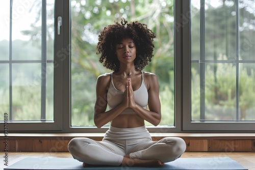 woman sitting in meditative pose on yoga mat, her eyes closed, hands clasped in front of her chest.