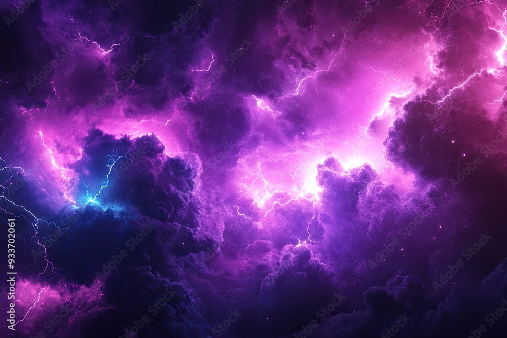 Dramatic purple lightning strikes through clouds. Perfect for illustrating power, energy, and the force of nature. Dramatic purple lightning strikes through clouds. Perfect for illustrating power, energy, and the force of nature.