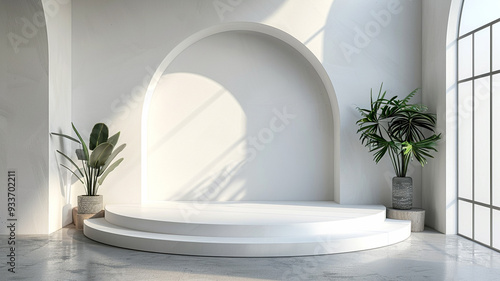A minimalist interior with a circular arch, plants, and soft lighting during the day